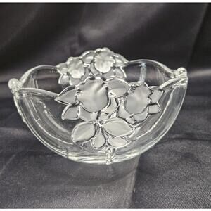 Vintage Clear Glass Etched Leaves Flowers Bowl Retro Candy Dish Ring Bowl 6"x3"